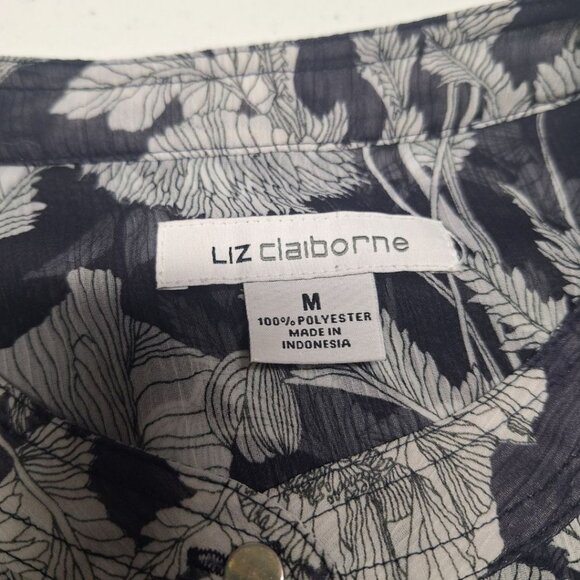 Liz Claiborne Sheer Top Button Down Blue Floral Long Sleeve Medium Blouse - Picture 6 of 13